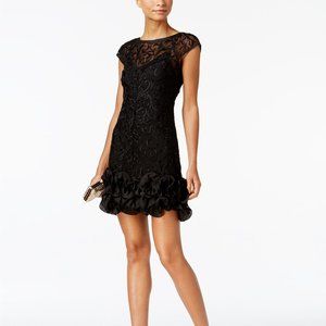 GUESS Floral-Lace Ruffled-Hem Sheath Black